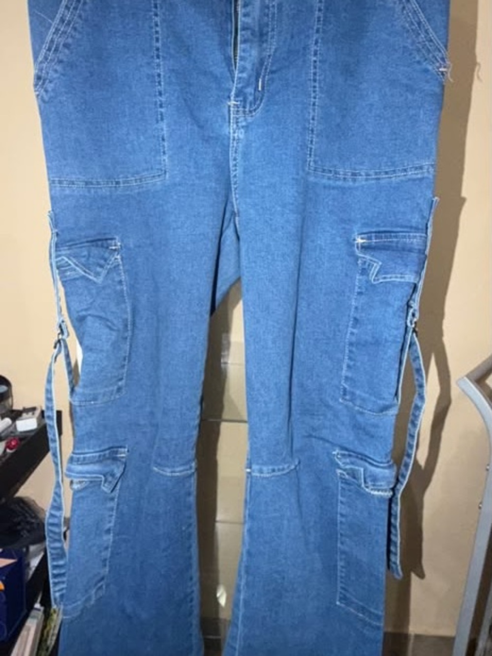 VIP Blue Denim Cargo Flare Jeans with Strap Details